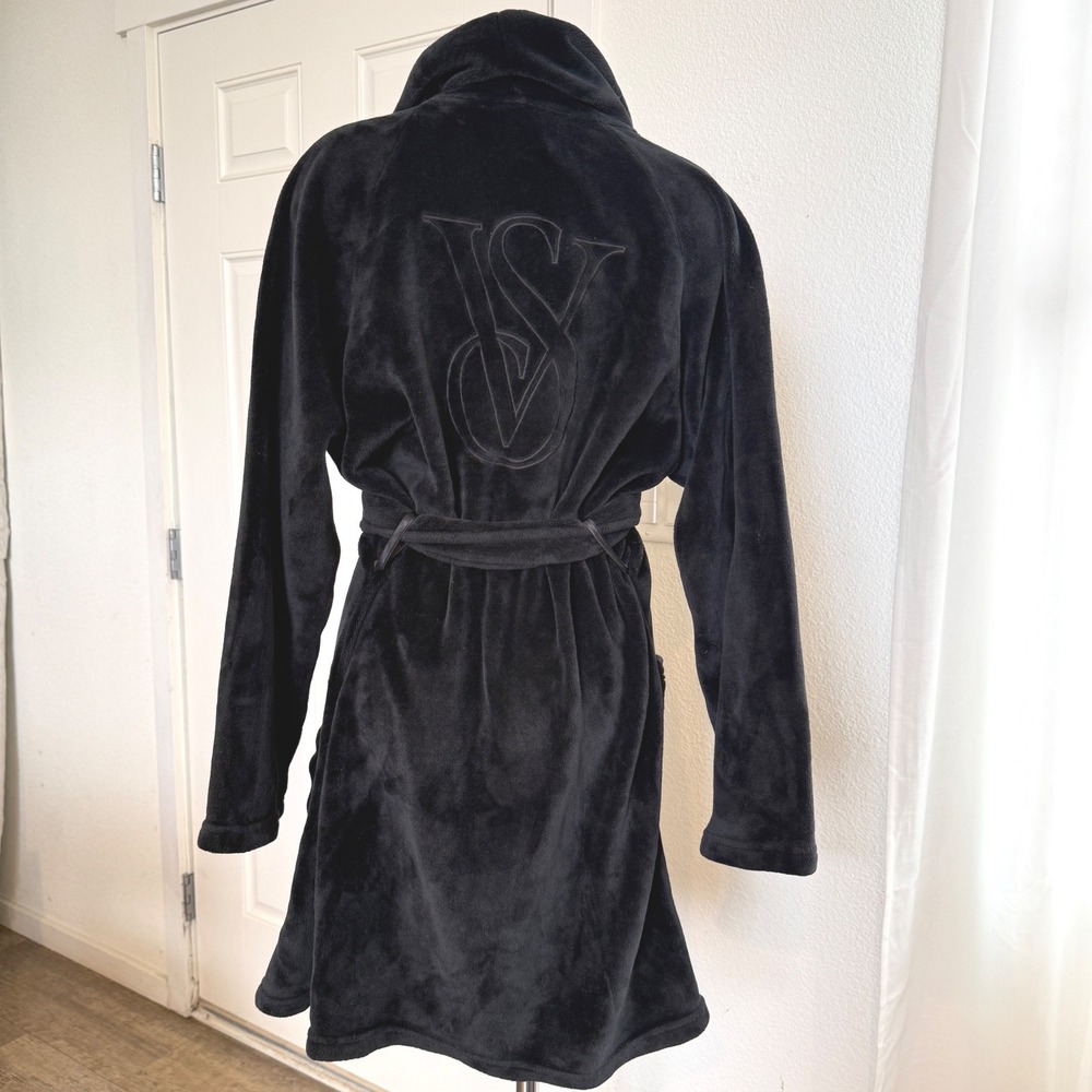 Victorias Secret Black Plush Velour Robe Embroidered Logo Back Belted Lounge M/L